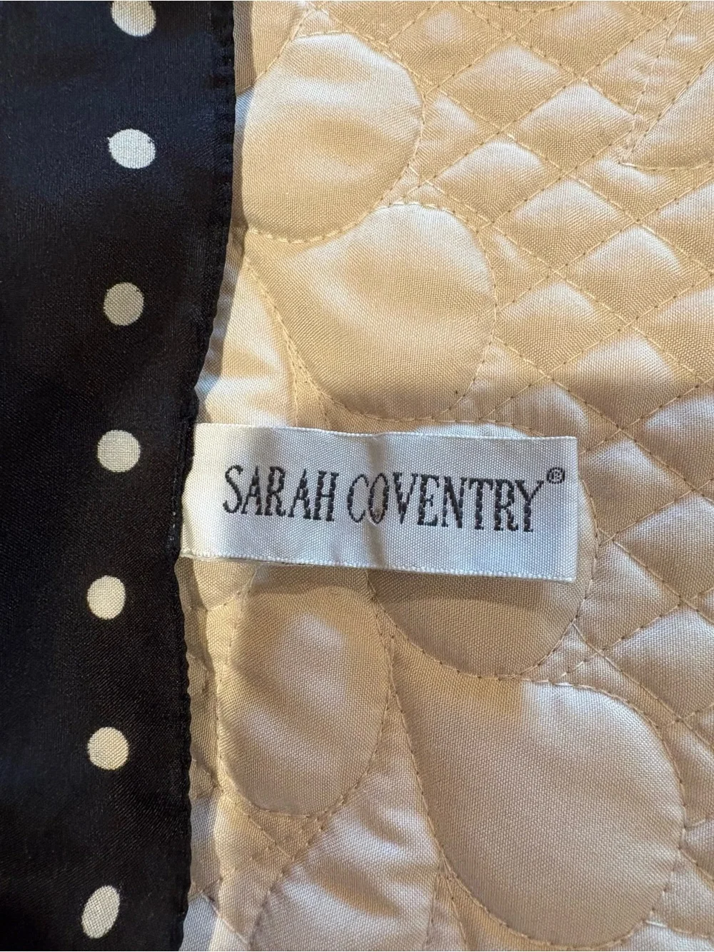 Sarah Coventry Black and Cream Polka Dot Scarf with Gold Leaf Border Vintage
